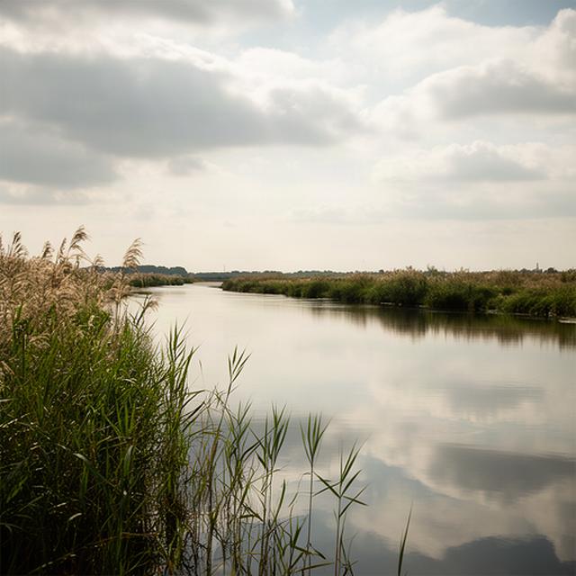 Riet langs een rustige nevengeul van de Waal met wolken weerspiegeld in het water