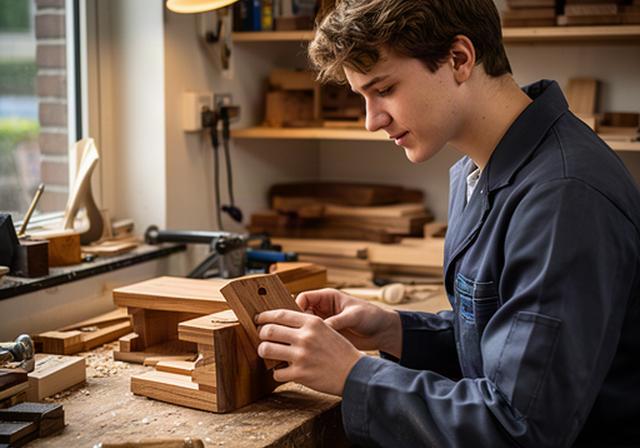 Jonge ondernemer bekijkt werk aan een houten werkbank in een kleine werkplaats in Druten